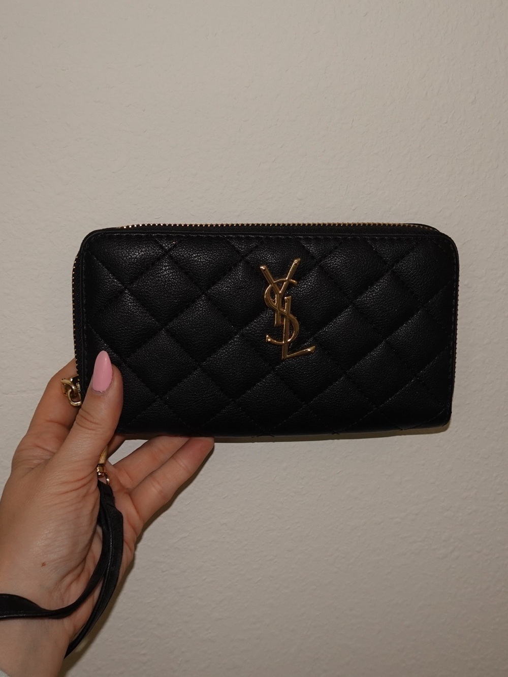 Quilted Black Leather Zip Wallet with Gold Logo